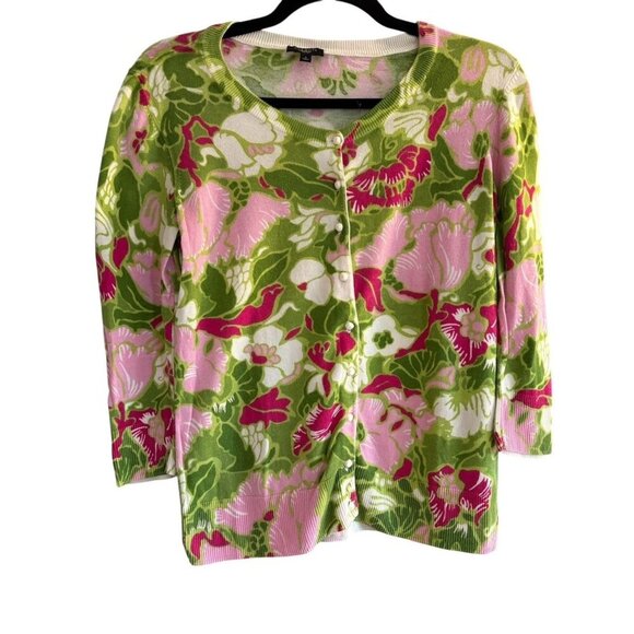 Talbots Green Pink Floral Print Button Down Cardigan Sweater Petite Small - Picture 1 of 8